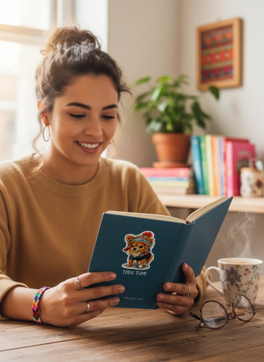 Woman reading a book with a Todo Tumi Peruvian punk Chihuahua sticker featuring a dog in a chullo hat and hearts.