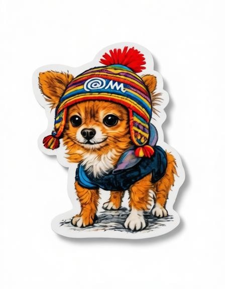 Todo Tumi waterproof sticker featuring a brown Chihuahua wearing a colorful Peruvian chullo hat and blue vest.