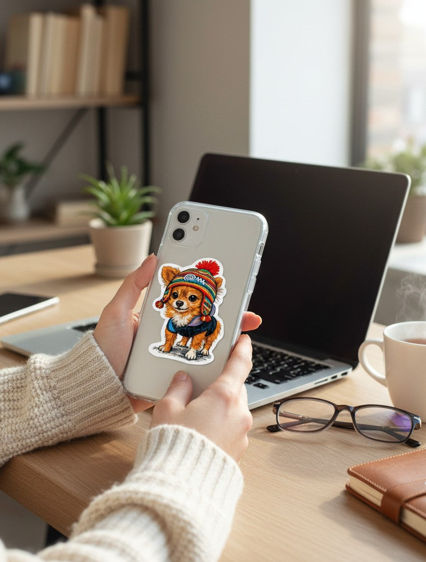 Todo Tumi laminated sticker of a brown Chihuahua wearing a colorful Peruvian chullo hat on a clear phone case.