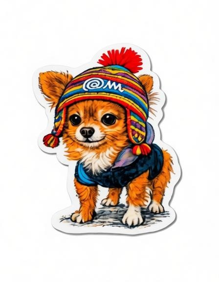 Todo Tumi laminated sticker of a brown Chihuahua wearing a colorful Peruvian chullo hat and blue punk-style vest.