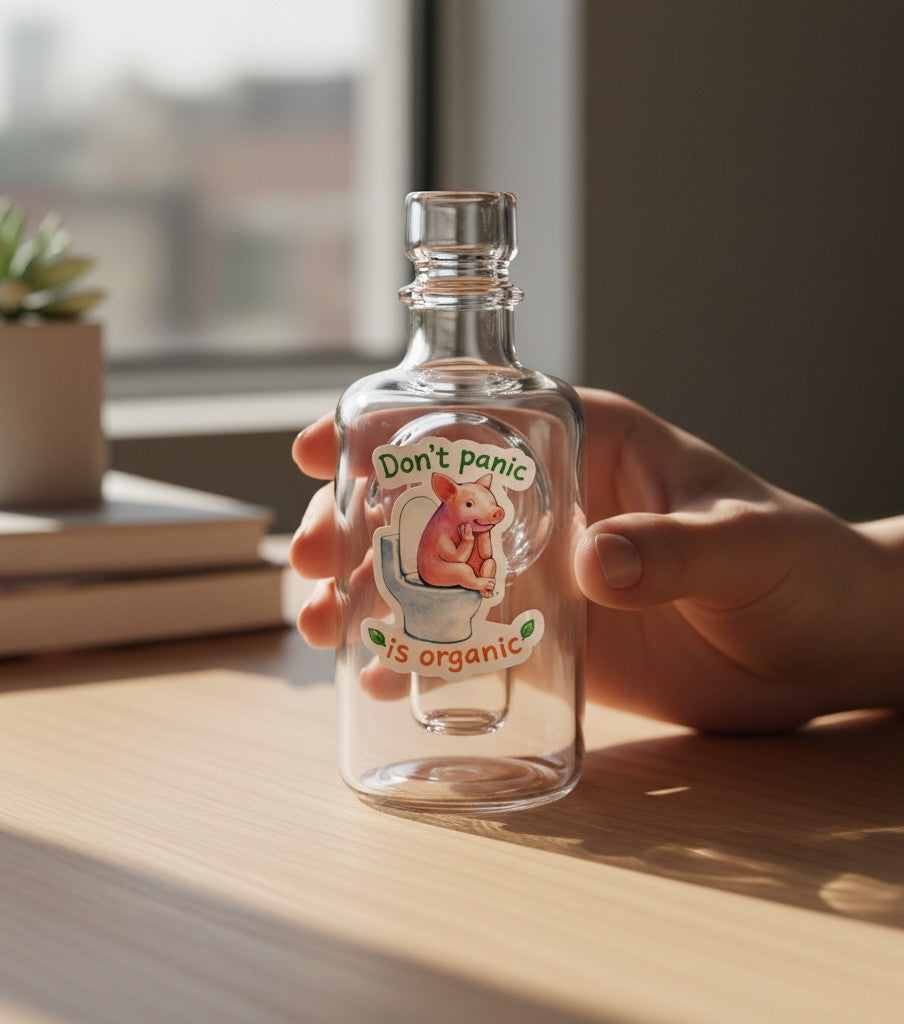 Todo Tumi holographic sticker featuring a pig on a toilet with the text Don't panic, it's organic on a glass bottle.