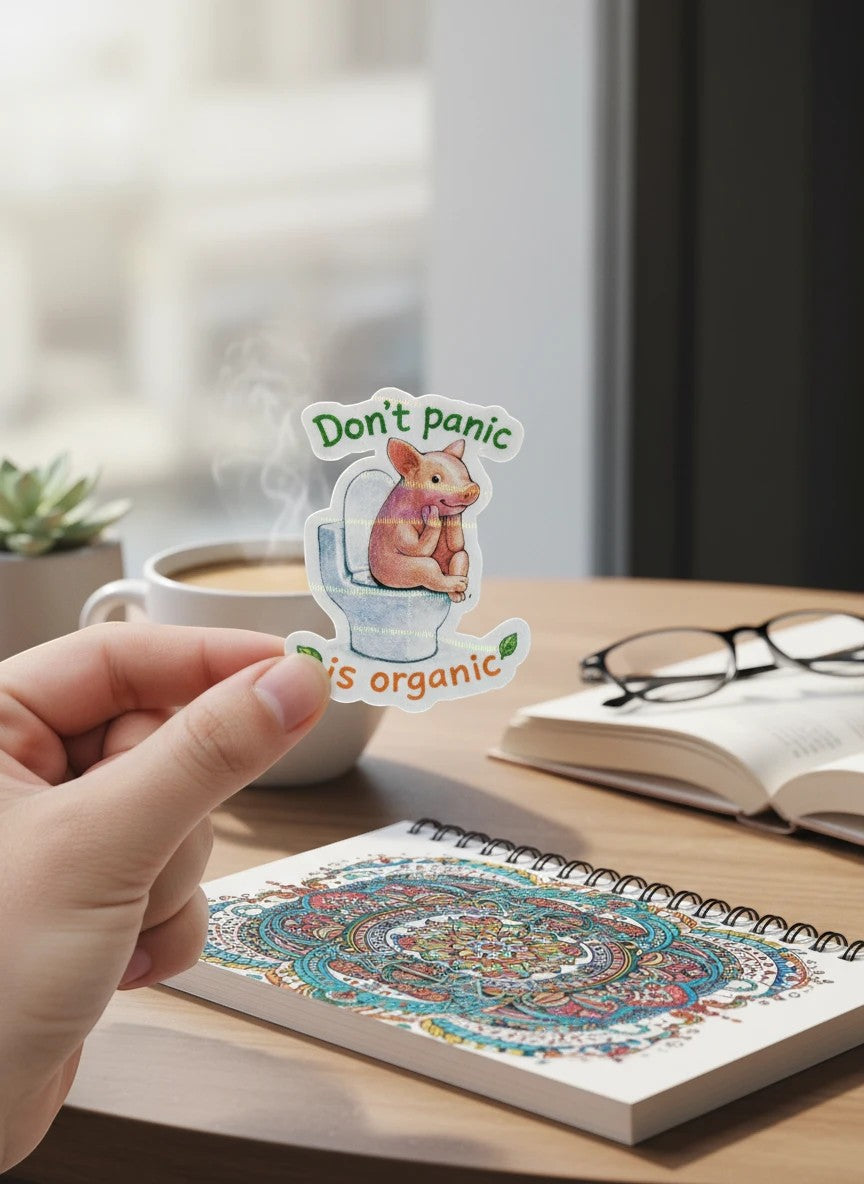 Todo Tumi holographic sticker featuring a cute pig on a toilet with the text Don't panic, it's organic.