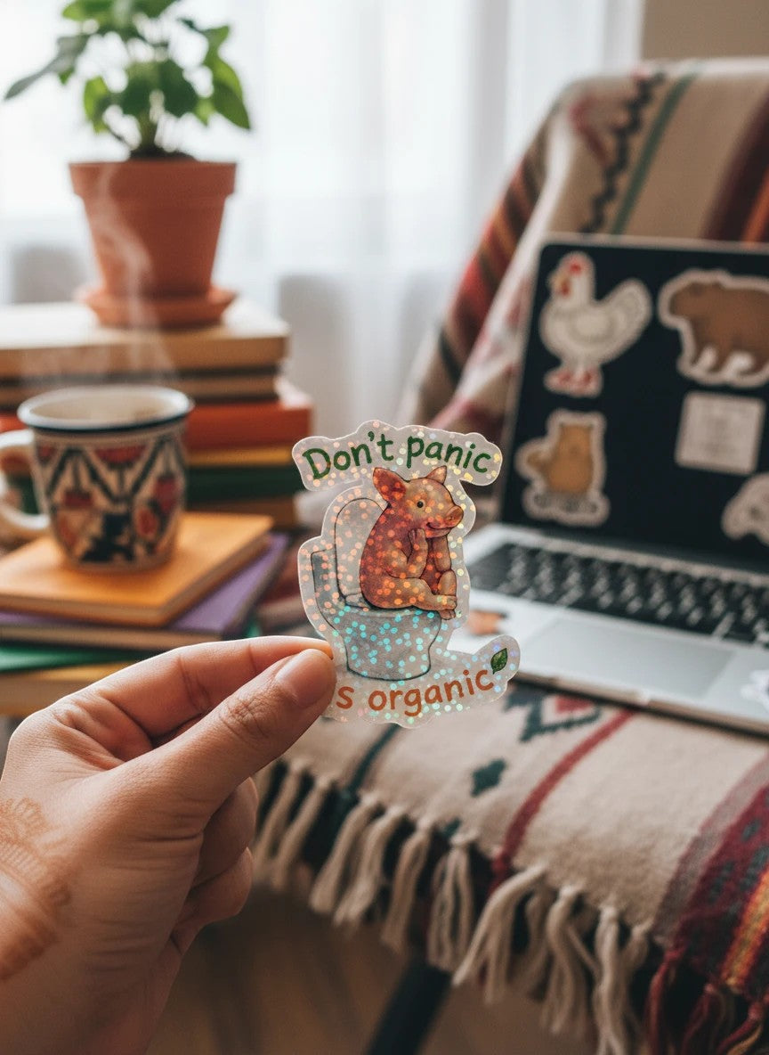 Todo Tumi holographic sticker featuring a cute pig on a toilet with the text Don't panic, it's organic.