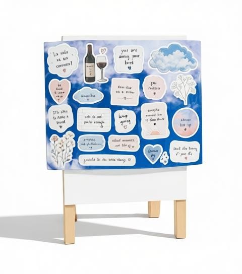 Todo Tumi Sonqo affirmation sticker sheet with sky blue background, featuring 18 inspirational quotes and illustrations.
