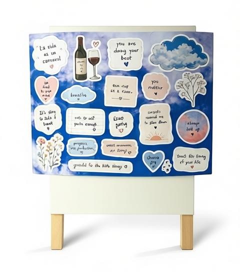 Todo Tumi Sonqo affirmation sticker sheet featuring 18 motivational quotes on a dreamy blue sky background.