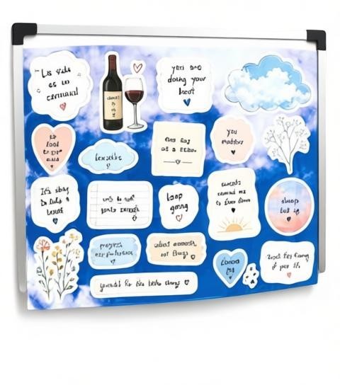 Todo Tumi Sonqo affirmation sticker sheet featuring 18 motivational quotes on a dreamy blue sky background.