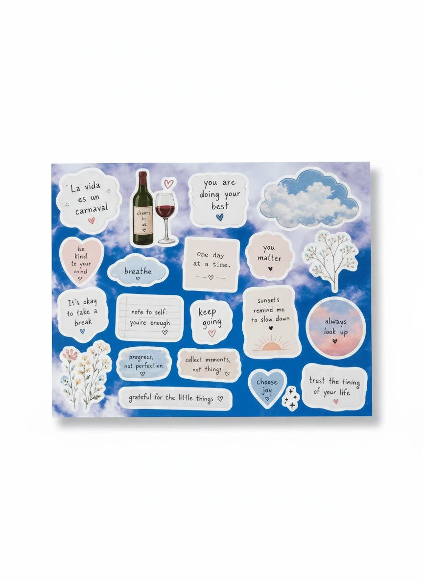 Todo Tumi Sonqo affirmation sticker sheet featuring 18 motivational quotes on a dreamy blue sky background.