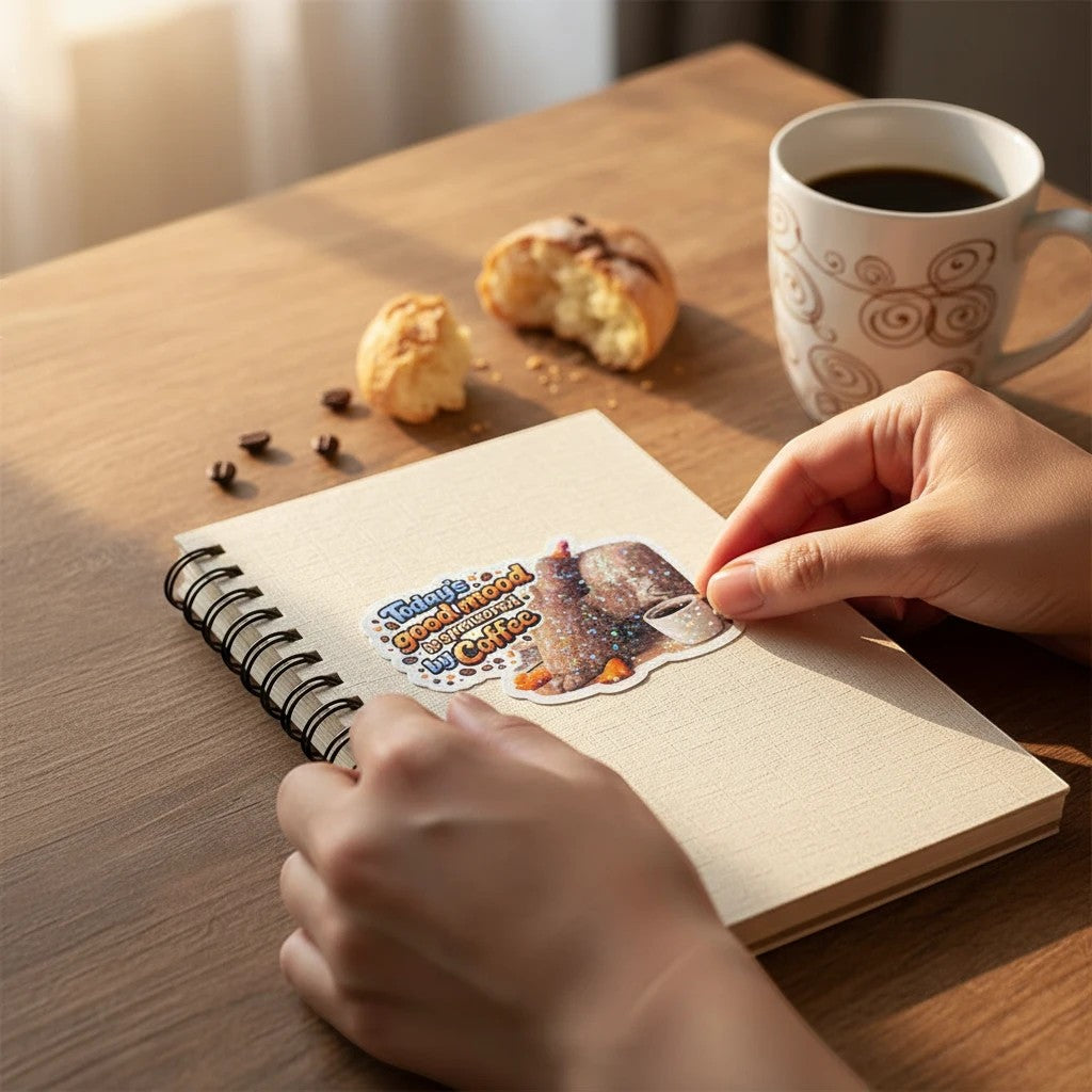 Todo Tumi waterproof Teddy Duck sticker featuring coffee quote on a notebook held by hands near coffee and pastry.