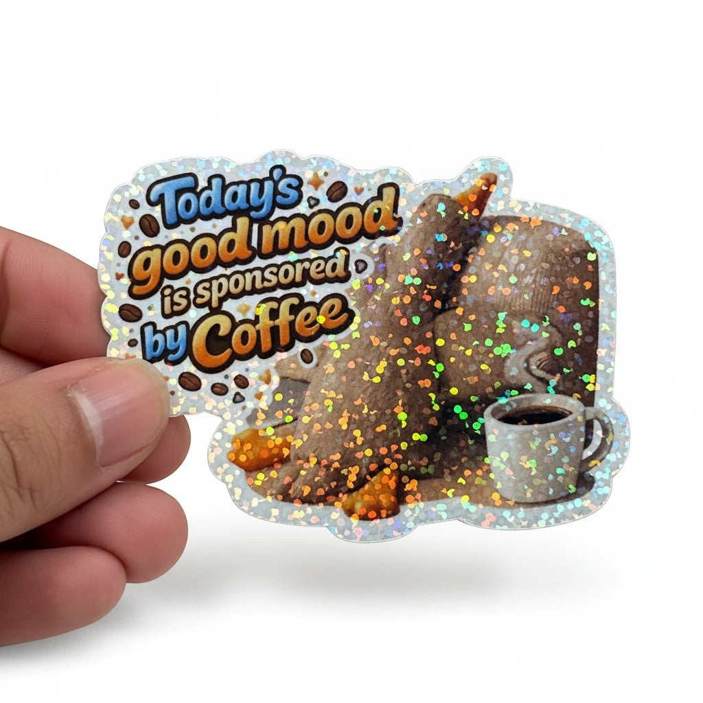 Todo Tumi holographic Teddy Duck sticker featuring a duck with a coffee cup and the text Today's good mood is coffee.