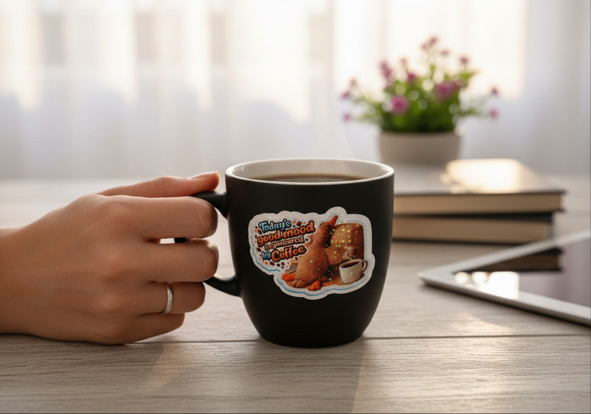 Todo Tumi waterproof Teddy Duck sticker on a black coffee mug, featuring a duck and coffee-themed quote.