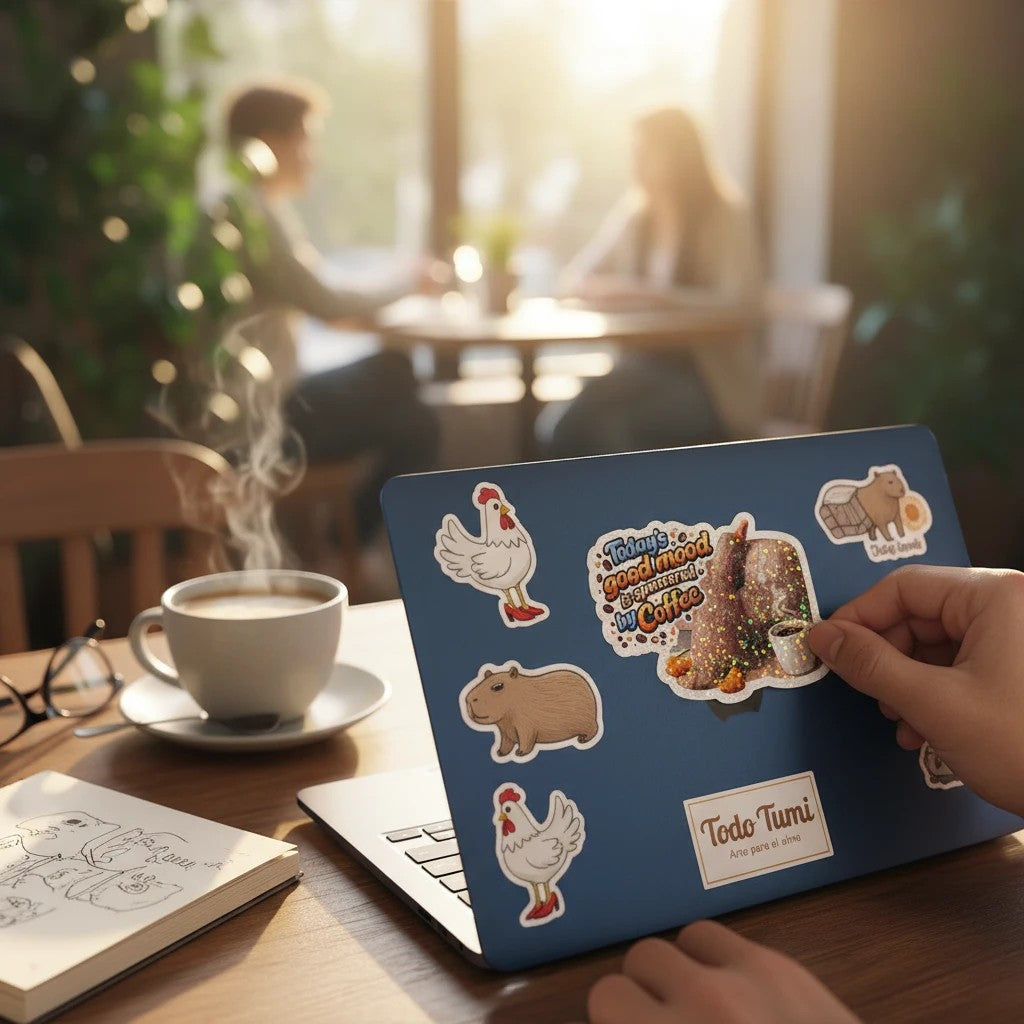 Todo Tumi Teddy Duck sticker on a laptop, featuring coffee text and a glittery finish in a cozy cafe setting.
