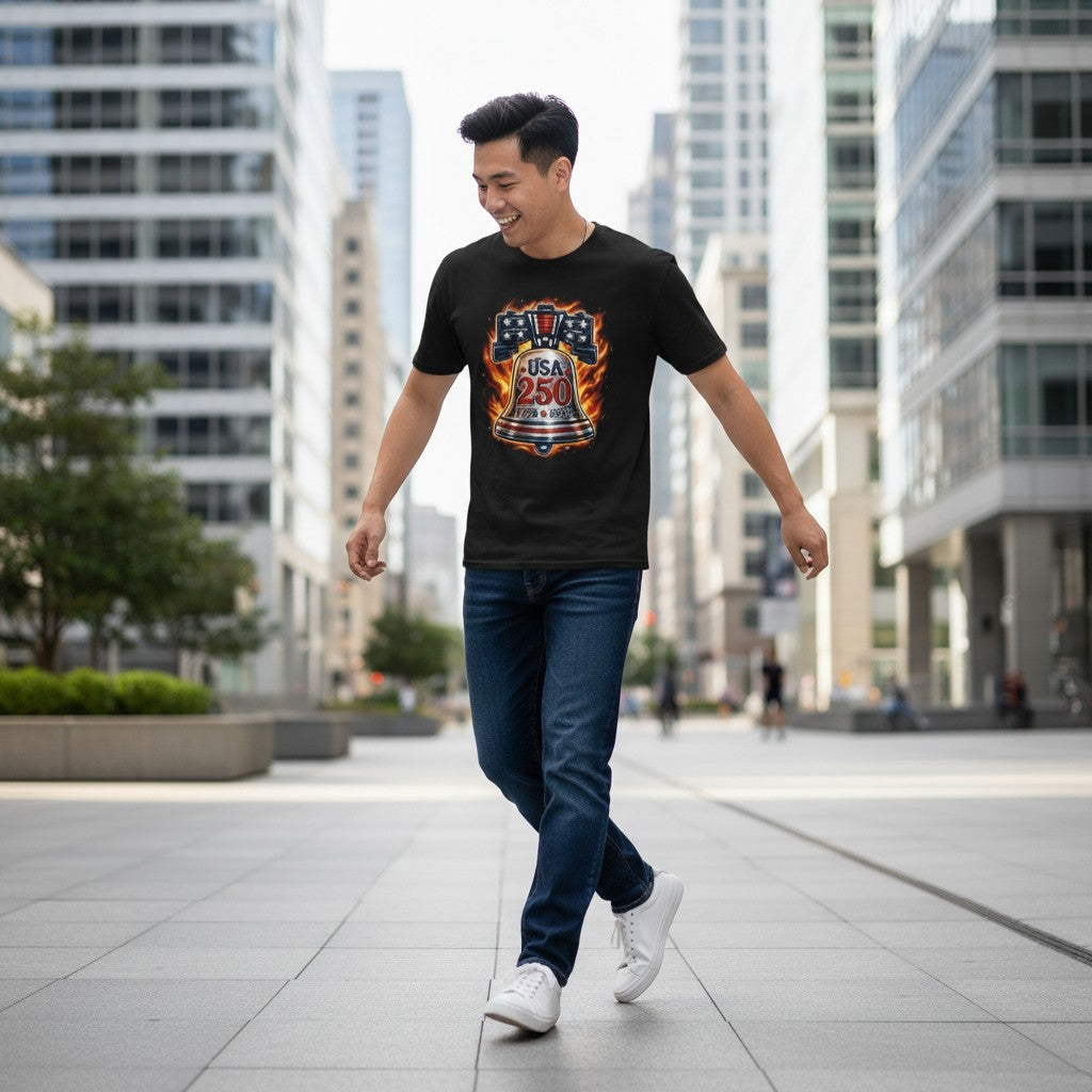 Todo Tumi black cotton unisex t-shirt featuring a flaming Liberty Bell graphic for the USA 250 anniversary.