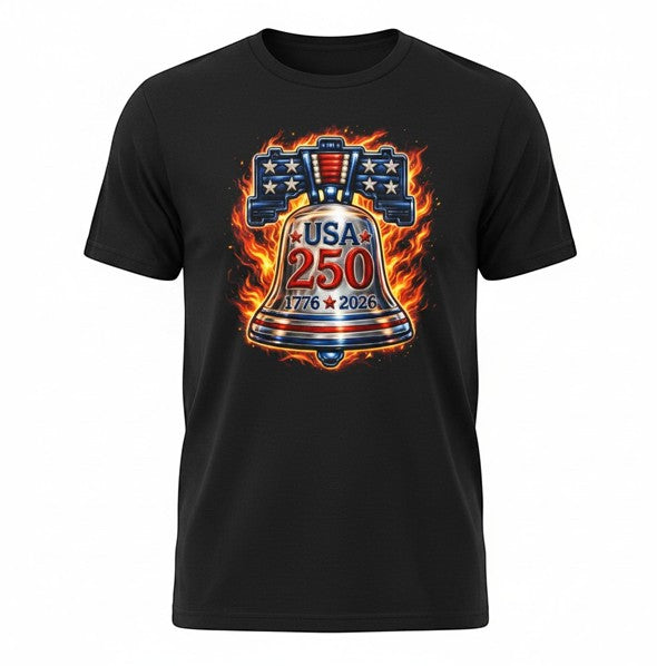 Todo Tumi black cotton unisex t-shirt featuring a flaming Liberty Bell graphic with USA 250 anniversary text.