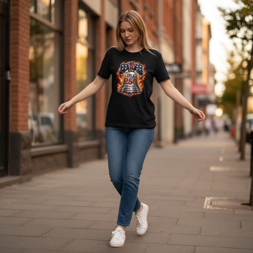 Todo Tumi black cotton unisex tee featuring a flaming Liberty Bell graphic for the USA 250 anniversary, worn by a model.