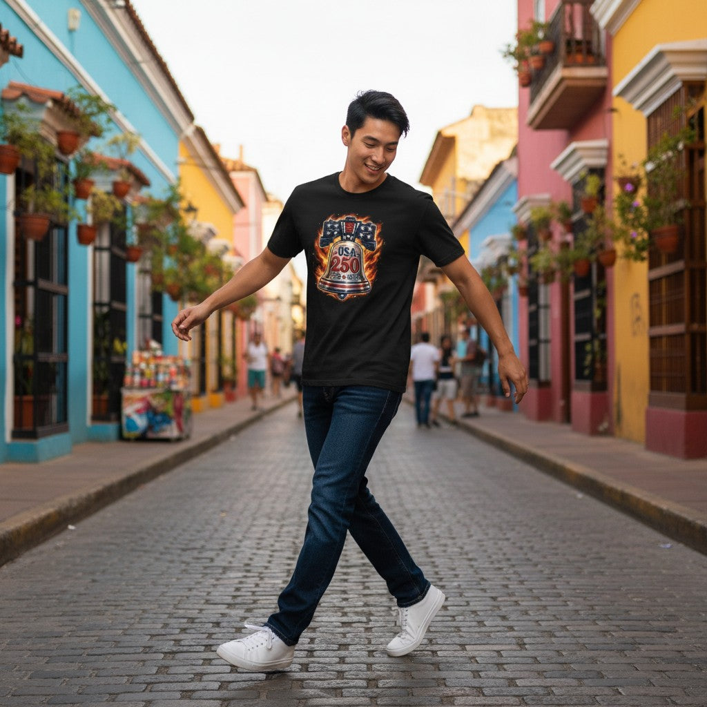 Todo Tumi black cotton t-shirt with USA 250 Liberty Bell graphic on a man walking down a colorful colonial street.