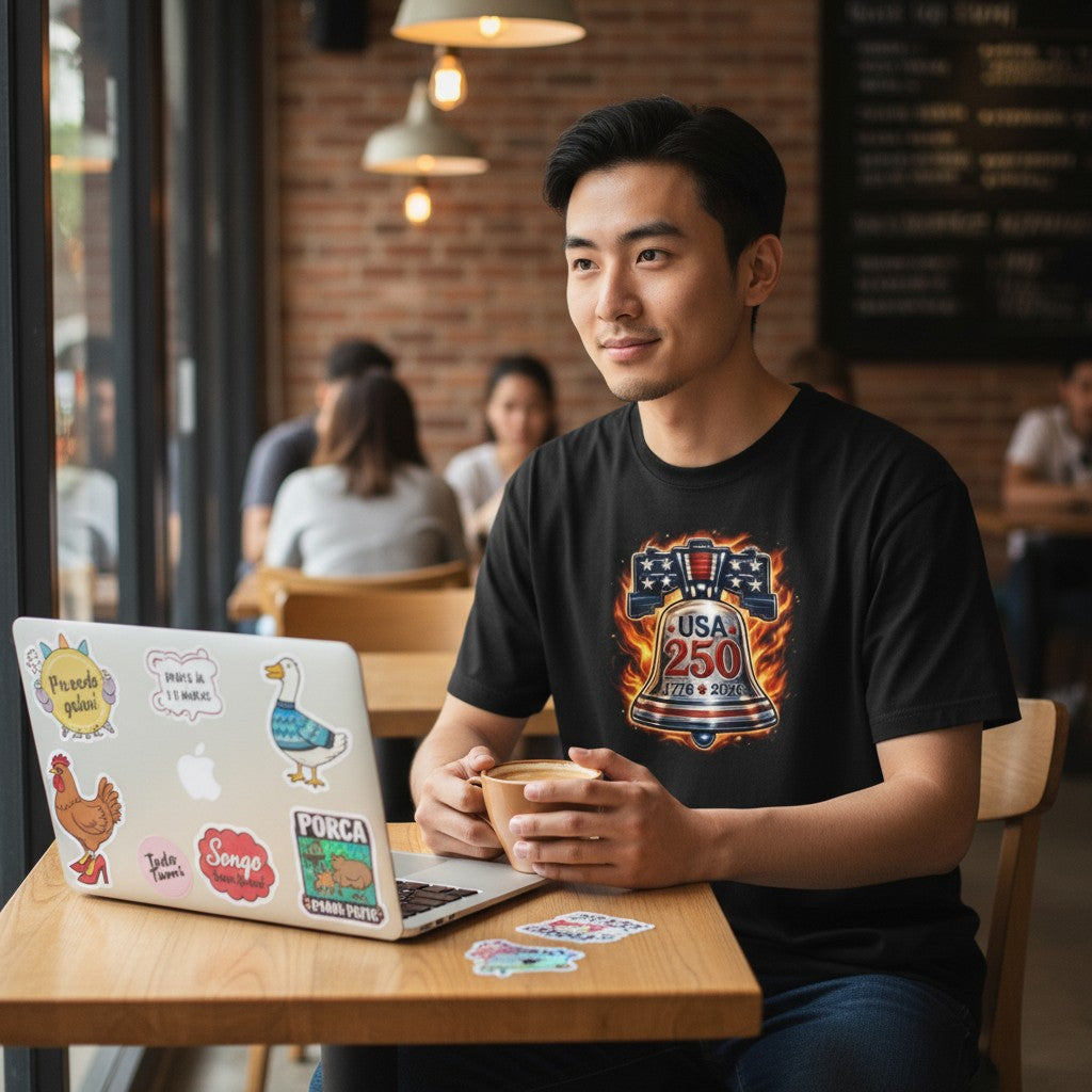 Todo Tumi black cotton unisex tee featuring a flaming Liberty Bell graphic with USA 250 text, worn by a man in a cafe.