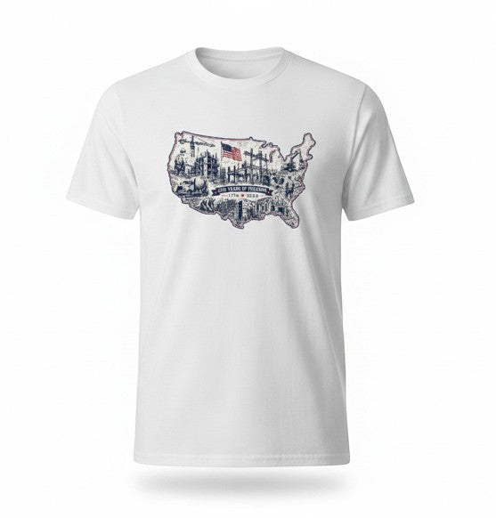 Todo Tumi white 100% cotton unisex t-shirt featuring a USA 250th anniversary graphic with map and patriotic details.