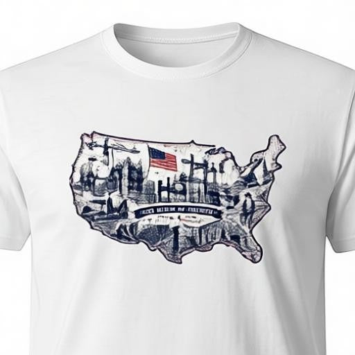 Todo Tumi white 100% cotton unisex tee featuring a USA map graphic with American flag and patriotic illustrations.
