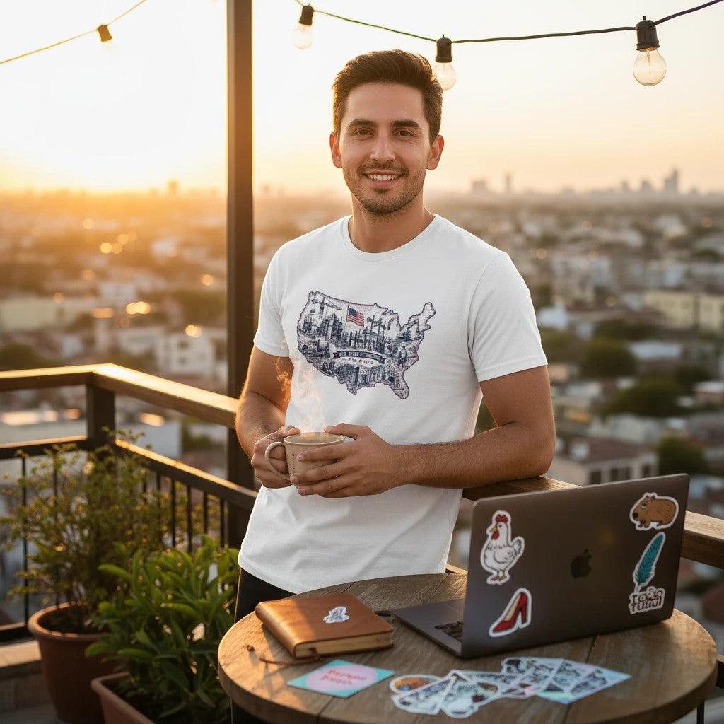 Man wearing a white Todo Tumi USA 250 cotton tee with a US map graphic, standing on a rooftop at sunset.