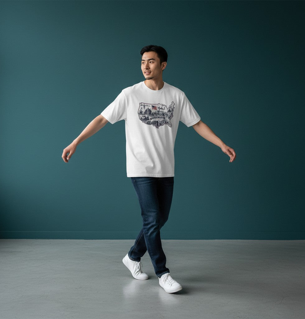 Todo Tumi white 100% cotton unisex USA 250 We Are the Nation graphic tee worn by a man against a teal background.