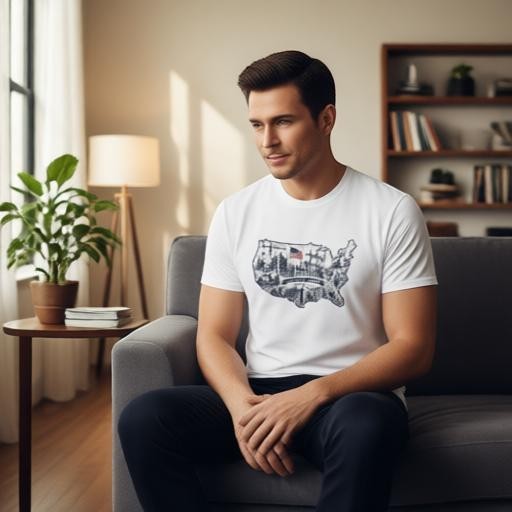 Man wearing a white Todo Tumi USA 250 cotton tee with a graphic map of the United States, seated in a cozy living room.