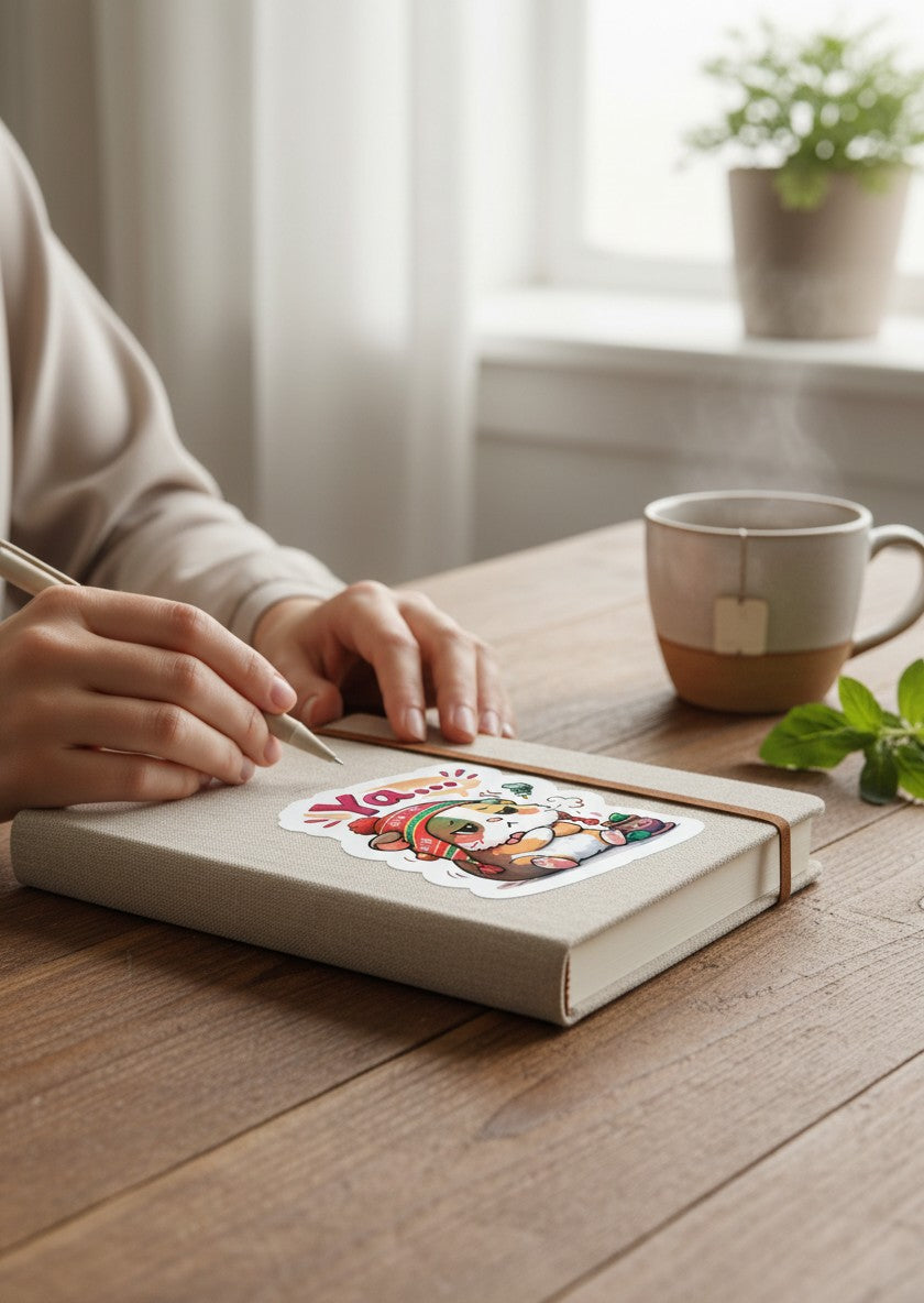 Todo Tumi Ya... Cuy holographic sticker on a notebook, featuring an annoyed guinea pig with a mate cup.