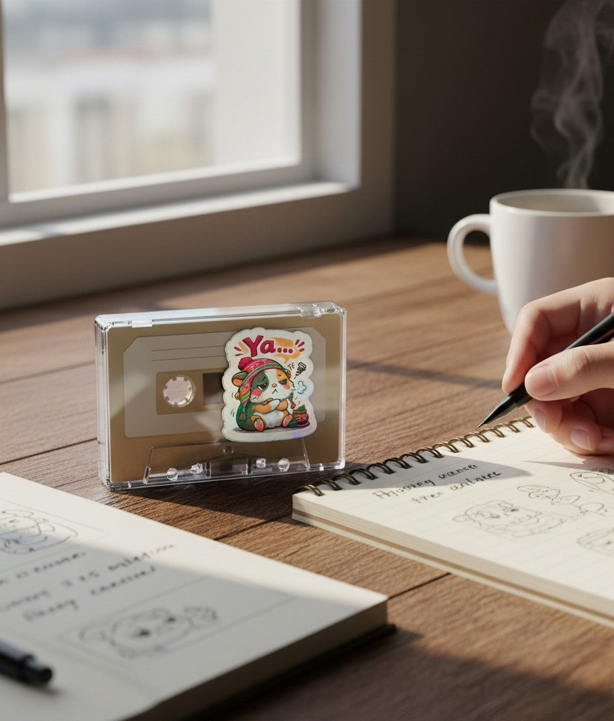 Todo Tumi Ya... Cuy holographic laminated sticker featuring an annoyed guinea pig on a cassette tape case.