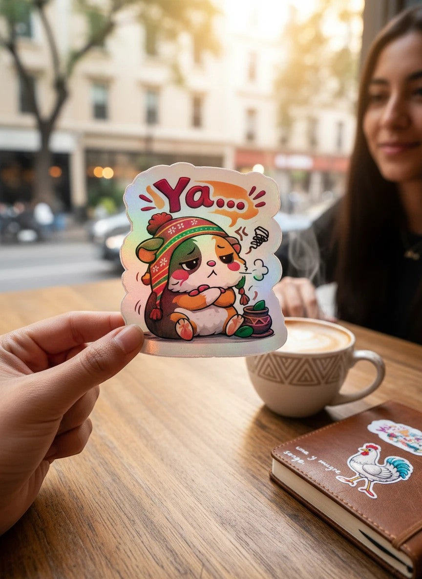 Todo Tumi Ya... Cuy holographic laminated sticker featuring an annoyed guinea pig in a chullo hat with a mate cup.