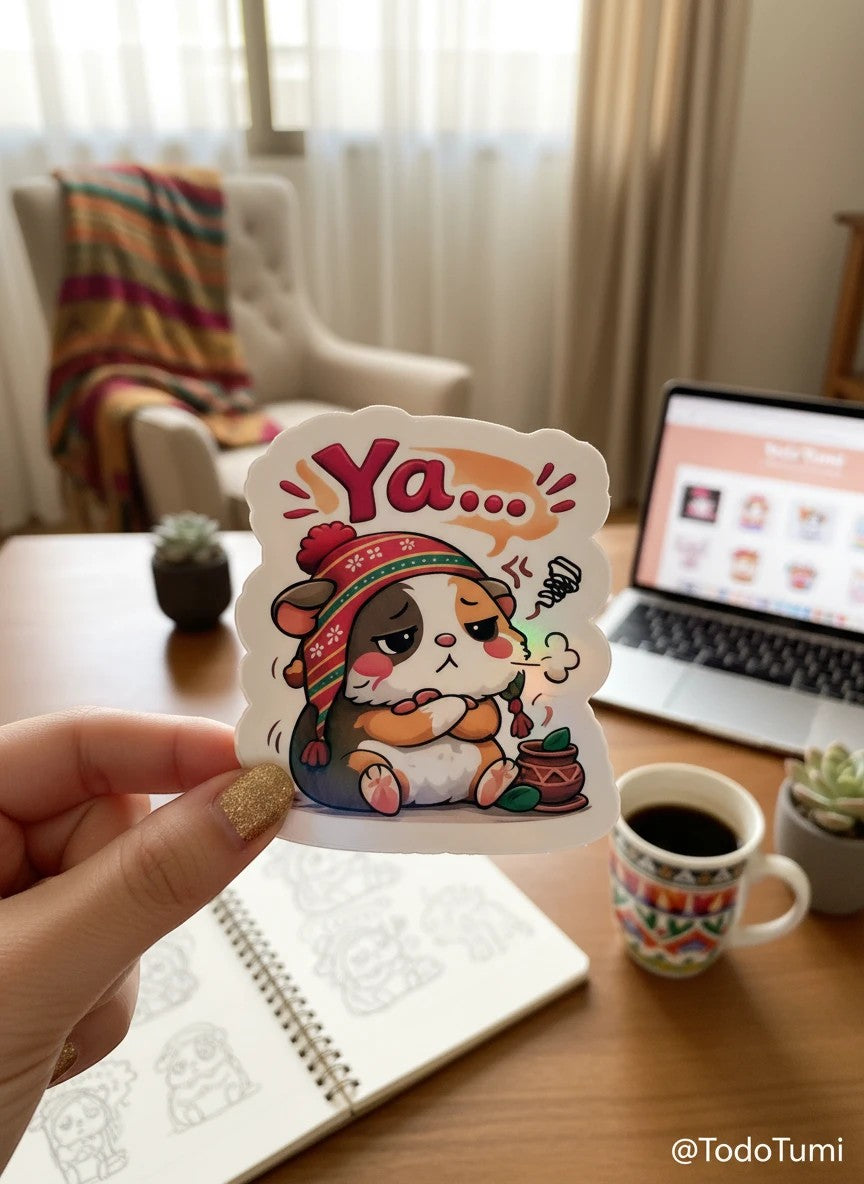 Todo Tumi Ya... Cuy holographic laminated sticker featuring an annoyed guinea pig in a Peruvian chullo hat.