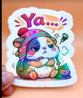 Todo Tumi Ya... Cuy holographic laminated sticker featuring an annoyed guinea pig in a Peruvian chullo hat.