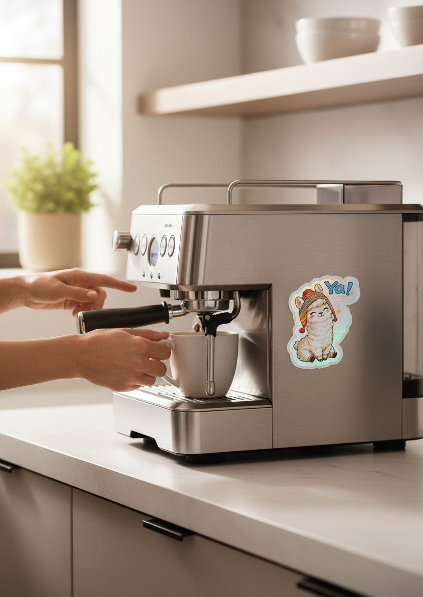 Todo Tumi Ya! llama holographic sticker featuring a cute llama in a chullo hat, applied to a stainless steel machine.