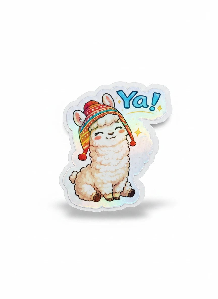Todo Tumi Ya! llama sticker with holographic finish, featuring a cute llama wearing a colorful Peruvian chullo hat.