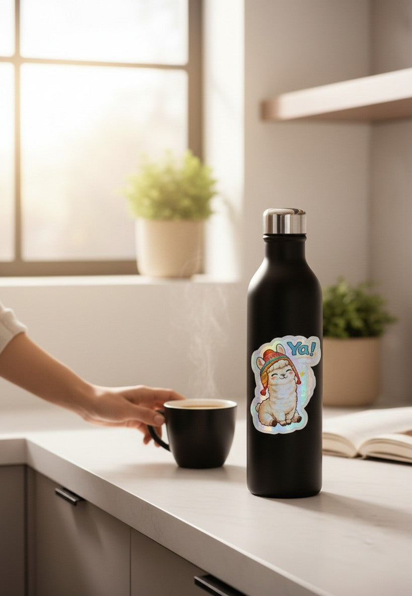 Todo Tumi Ya! Llama holographic sticker on a black water bottle, featuring a cute llama in a colorful chullo hat.
