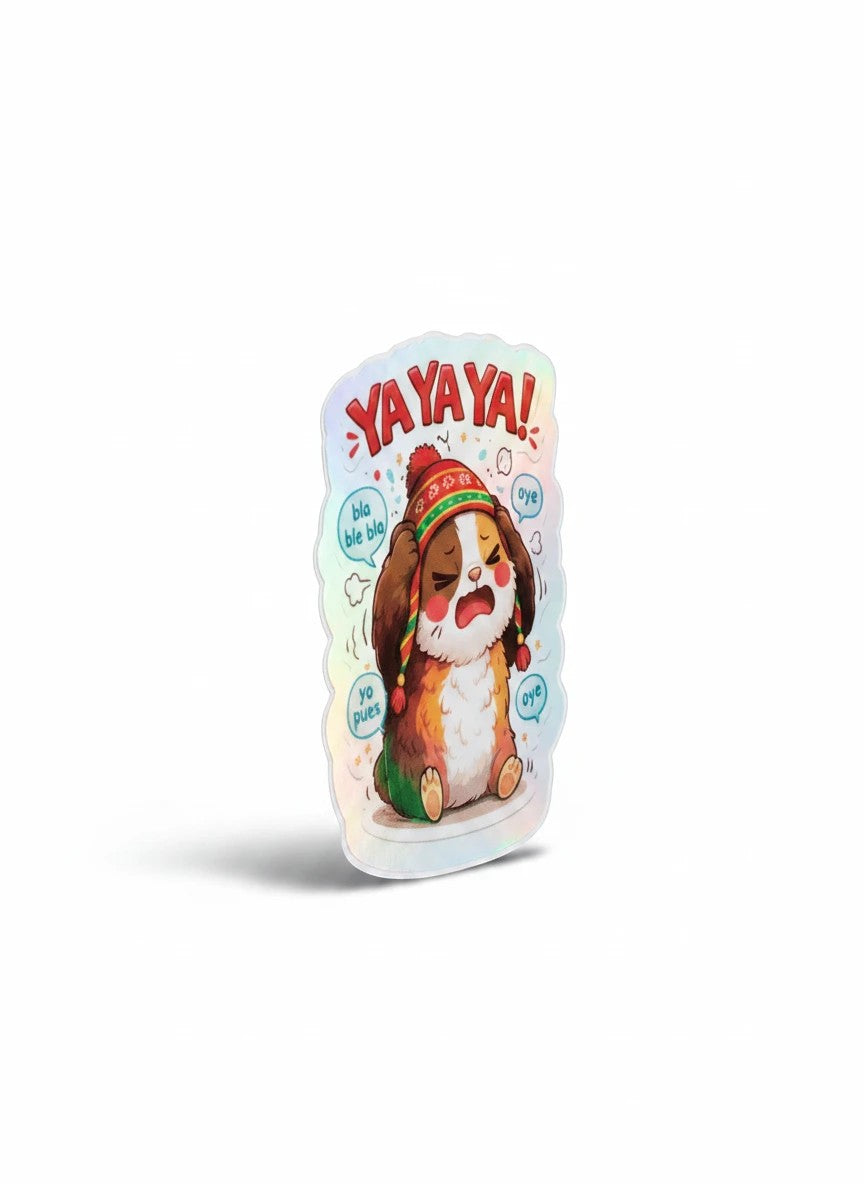 Todo Tumi Ya Ya Ya! Cuy holographic laminated sticker featuring a cute guinea pig in a Peruvian chullo hat.