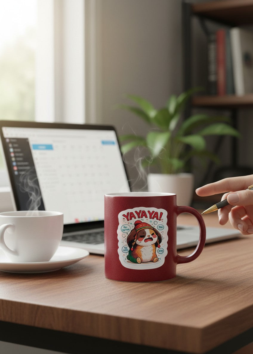 Todo Tumi Ya Ya Ya! Cuy holographic sticker featuring a cute guinea pig in a chullo hat on a red coffee mug.