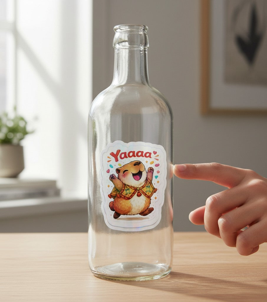 Todo Tumi Yaaaaa! capybara sticker featuring a joyful capybara in a Peruvian poncho on a clear glass bottle.