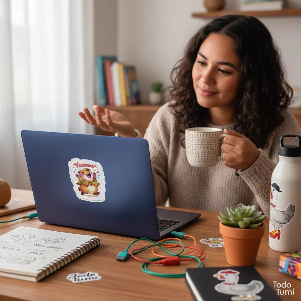 Todo Tumi Yaaaaa! Capybara laminated sticker featuring a joyful capybara in a Peruvian poncho on a laptop.